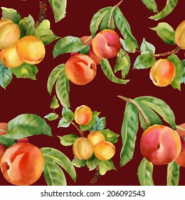 Watercolor seamless apricots and peaches pattern on dark red background, vector