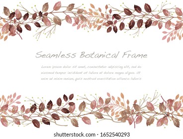 Watercolor Seamless Autumn Color Botanical Frame  Isolated On A White Background. Vector Illustration. Horizontally Repeatable.