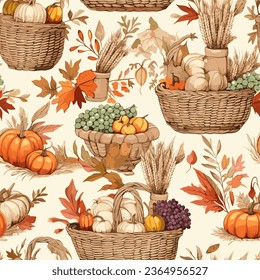 Watercolor seamless autumn pattern with botanical realistic elements of leaves and berries