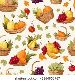 Watercolor seamless autumn pattern with botanical realistic elements of leaves and berries