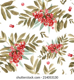 Watercolor seamless background with ash-berry Watercolor rowan