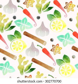 Watercolor seamless background with spices and herbs
