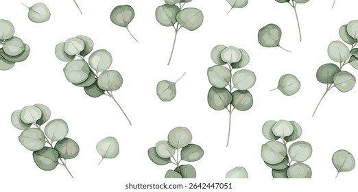 Watercolor seamless Border of Eucalyptus branches in soft pastel green tones. Illustration of botanical Frame for Baby shower greeting cards or wedding invitations. Drawing of frame with leaves.