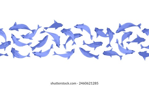 watercolor seamless border with swimming blue fish. 