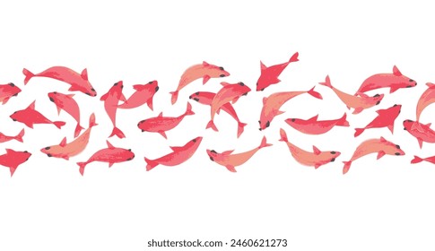 watercolor seamless border with swimming red fish. asian ink painting koi carps