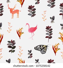 Watercolor seamless Colorful tropical floral spring with animal pattern collection summer concept ,vector illustration
