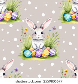 Watercolor seamless cute pattern polka dots and Easter Bunny with Vibrant Colorful Easter Eggs isolated on a light gray background. Vector design for wallpaper, textile design, fabric, wrapping paper