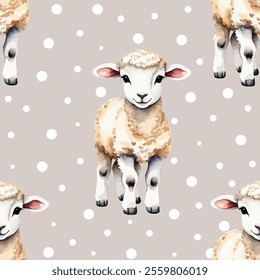 Watercolor seamless cute pattern polka dots and lamb isolated on a light gray background. Vector design for wallpaper, textile design, fabric, wrapping paper