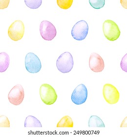 Watercolor seamless easter pattern with colorful eggs. Hand drawn illustration on white texture paper. Vector EPS 10.