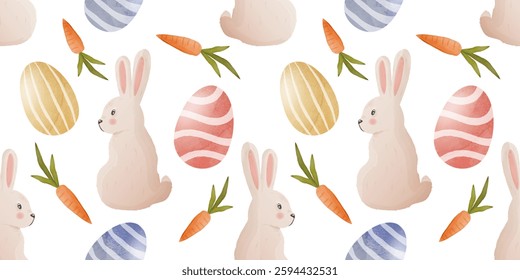 Watercolor seamless Easter pattern with cute bunnies, colorful eggs, and carrots in soft pastel shades. Ideal for fabric, wrapping paper, and holiday decor. Delicate hand-painted festive design.