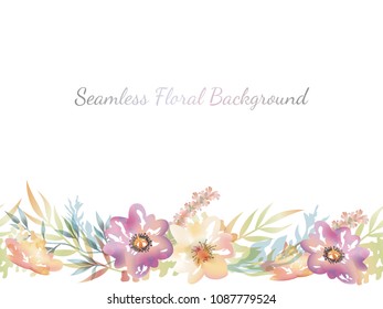 Watercolor seamless floral background with text space, vector illustration. Horizontally repeatable.