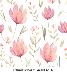 Watercolor seamless floral pattern with abstract flowers and leaves on white background.