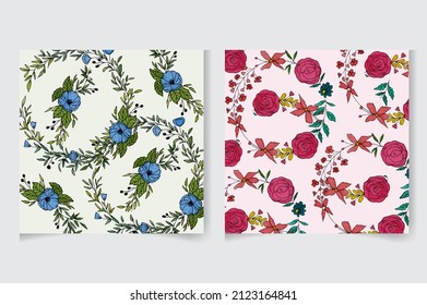 Acuarela de fondo de patrón floral sin fisuras. Flores y hojas florecientes pintadas a mano. Diseño suave para el papel de envoltura o papel tapiz, ilustración vectorial, textil, tejido, textura y otras impresiones.