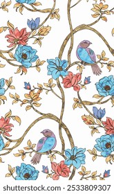 watercolor seamless floral  pattern with birds. vintage hand drawn background pattern. botanical flower vector illustration. flower branch pattern. birds vector.