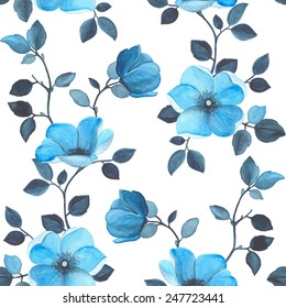 Watercolor seamless floral pattern with blue flowers, vector illustration.