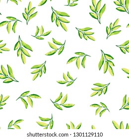 Watercolor seamless floral pattern with green leaves and branches