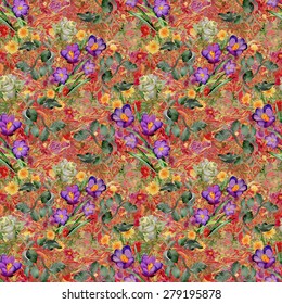 Watercolor seamless floral pattern on red background with summer garden flowers vector illustration