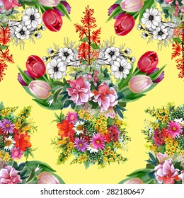 Watercolor seamless floral pattern on yellow background with summer garden tulips flowers vector illustration