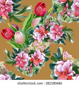 Watercolor seamless floral pattern on brown background with summer garden tulips flowers vector illustration