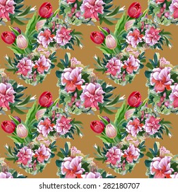 Watercolor seamless floral pattern on brown background with summer garden tulips flowers vector illustration