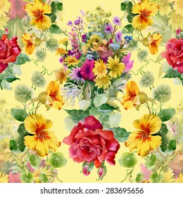 Watercolor seamless floral pattern on yellow background with summer garden flowers with roses and hibiscus vector illustration