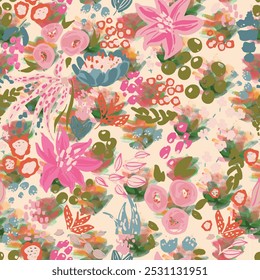 Padrão floral sem costura aquarela. Vetor, feito à mão, bonito, design têxtil e de tecido. 
