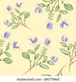 Watercolor seamless flower foliage pattern on yellow background