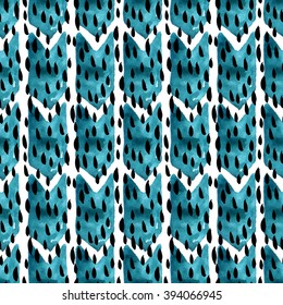 Watercolor seamless geometric pattern with hand drawn ink element. Vector trendy illustration.