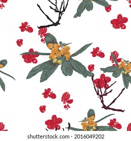 Watercolor seamless hand drawn pattern with fruits and flowers, textile composition