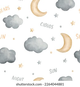 Watercolor seamless newborn baby, kids pattern with moon, cloud and star