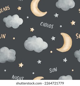 Watercolor seamless newborn baby, kids pattern with moon, cloud and star