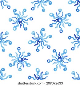 Watercolor seamless pattern with abstract blue snowflakes