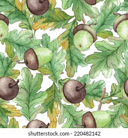 Watercolor Seamless pattern  with acorns and oak leaves Autumn design template. Use for pattern, wallpaper, web page , backdrop, wrapping paper, fabric , background .Vector 