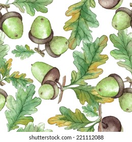 Watercolor Seamless pattern  with acorns and oak leaves Autumn design template. Use for pattern, wallpaper, web page , backdrop, wrapping paper, fabric , background .Vector