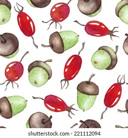 Watercolor  Seamless pattern with acorns and rosehips Autumn design template. Use for pattern, wallpaper, web page , backdrop, wrapping paper, fabric , background .Vector