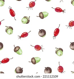 Watercolor  Seamless pattern with acorns and rosehips Autumn design template. Use for pattern, wallpaper, web page , backdrop, wrapping paper, fabric , background .Vector