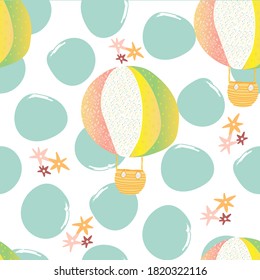 Watercolor seamless pattern with air balloon and clouds. Hand drawn vintage collage illustration with hot air balloon, flag garlands, abstract pastel clouds. Dot Vector wallpaper 