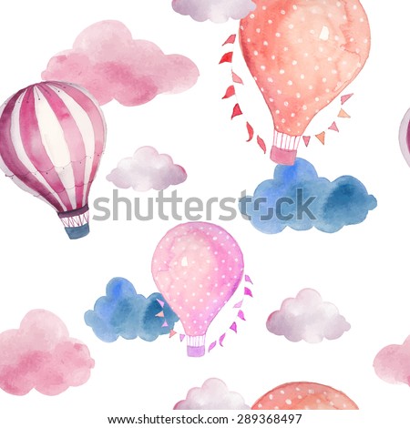 Watercolor seamless pattern with air balloon and clouds. Hand drawn vintage collage illustration with hot air balloon, flag garlands, abstract pastel clouds. Vector wallpaper