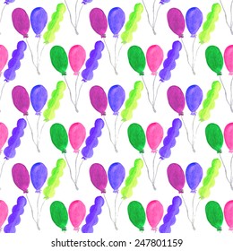 Watercolor seamless pattern with air baloons on the white background, aquarelle. Vector illustration. Hand-drawn decorative element useful for invitations, scrapbooking, design. Birthday party