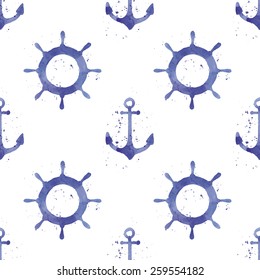 Watercolor seamless pattern with anchors and steering wheels