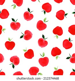 Watercolor seamless pattern with apples on the white background. Vector illustration. Hand drawn background. 