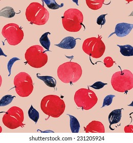 Watercolor seamless pattern with apples on the Pink background. Hand drawn background.  VECTOR. 