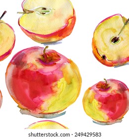 Color de agua, patrón transparente con manzanas en el fondo blanco. Ilustración vectorial. Antecedentes dibujados a mano.