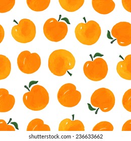 Watercolor seamless pattern with apricots on the white background. Hand drawn background. Vector illustration. 