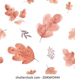 Watercolor seamless pattern autumn leaves on a white background. 
Watercolor hand-painted with oak leaves art design for decorative in the autumn festival, invitations, cards, wallpaper; packaging.