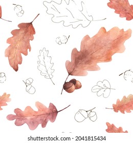 Watercolor seamless pattern autumn leaves on a white background. Watercolor hand-painted with oak leaves art design for decorative in the autumn festival, invitations, cards, wallpaper; packaging.