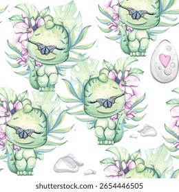 Watercolor seamless pattern background featuring cute green creature with butterfly, tropical leaves, and flowers, perfect for wallpaper design