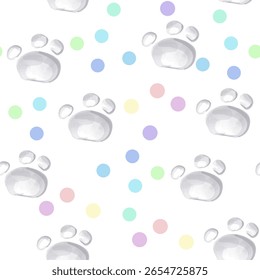 Fondo de patrón de acuarela sin fisuras con divertidas impresiones de patas y puntos coloridos perfectos para el diseño de Fondo de pantalla