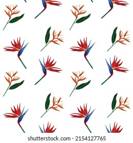 Watercolor seamless pattern background with tropical flower strelitzia