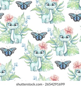 Watercolor seamless pattern background wallpaper featuring cute dinosaurs among tropical leaves and butterflies with floral accents